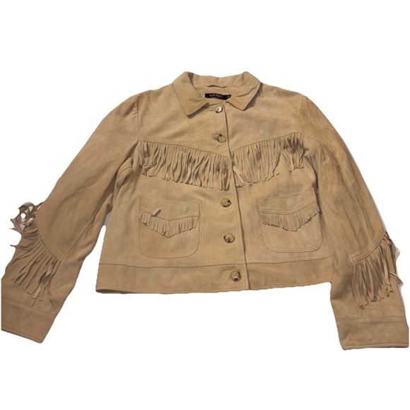 Lauren Ralph Lauren Suede Leather Fringe Western Jacket Camel Women's 18 - Picture 2 of 11